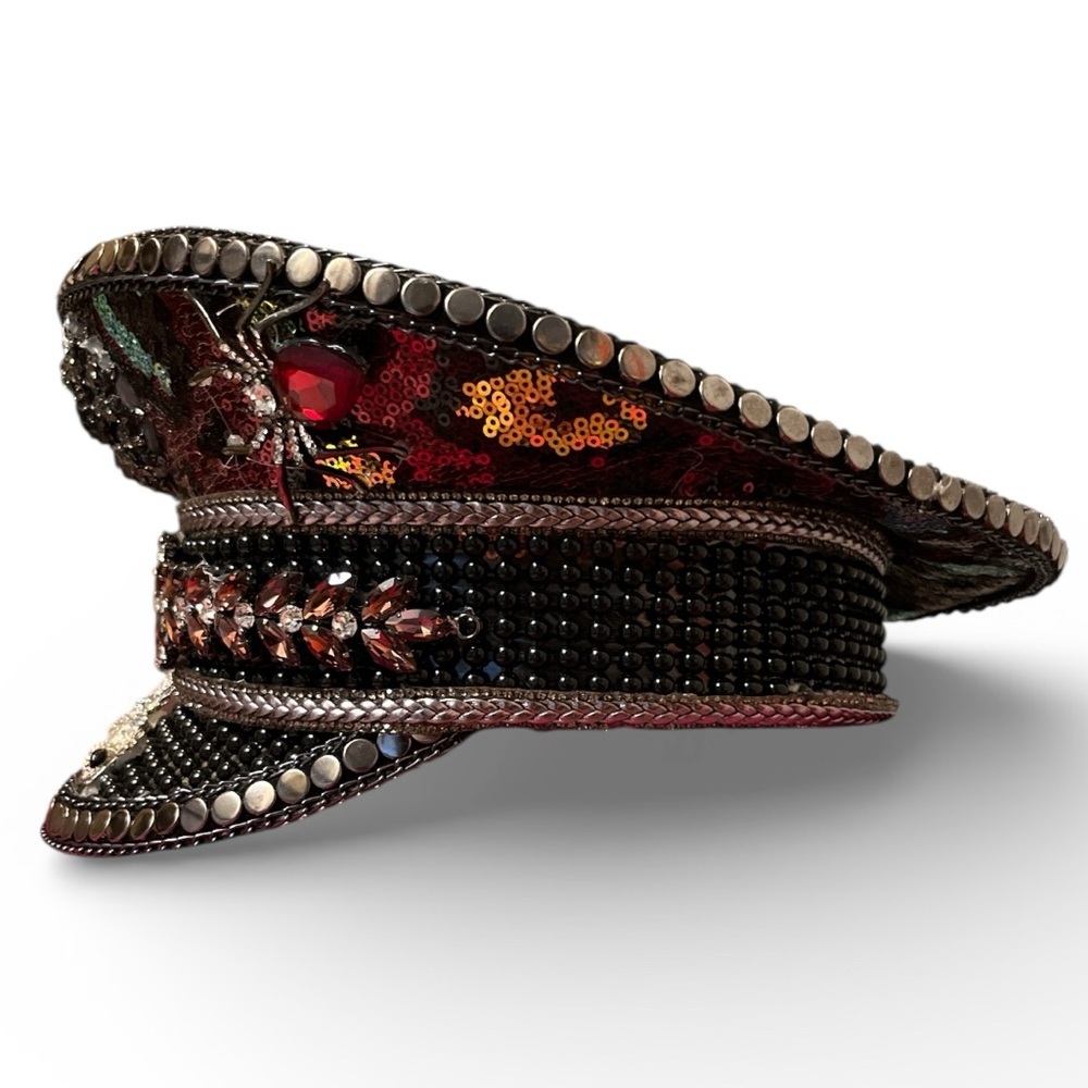 Embellished Sequin Military-Style Cap in Black and Red - Picture 2 of 8